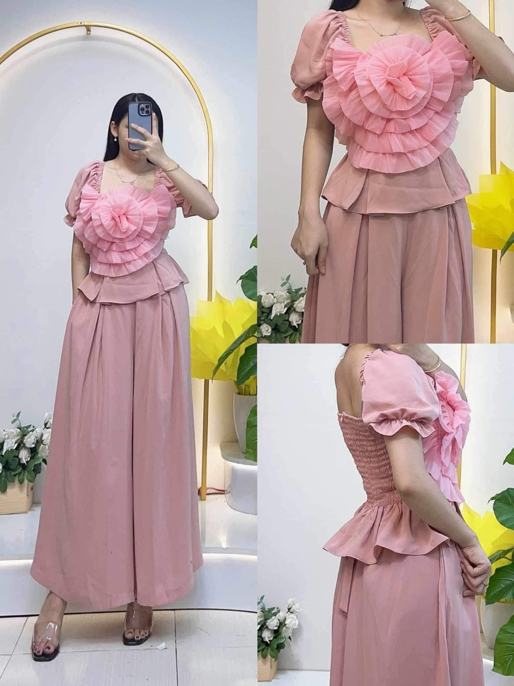 Pleated Rose Accent Pink Maxi Skirt Set